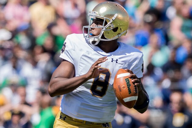 Apr 16, 2016; South Bend, IN, USA; Notre Dame Fighting Irish quarterback Malik Zaire (8) looks to throw in the first quarter of the Blue-Gold Game at Notre Dame Stadium. The Blue team defeated the Gold team 17-7. Mandatory Credit: Matt Cashore-USA TODAY Sports