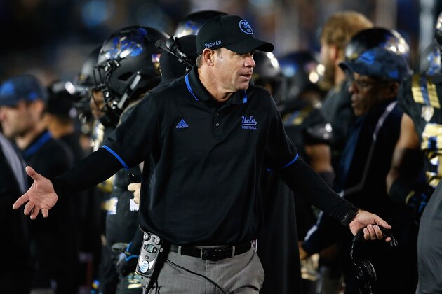 PASADENA, CA - NOVEMBER 14: Head coach Jim Mora of the UCLA Bruins gestures during a game against the Washington State Cougars at Rose Bowl on November 14, 2015 in Pasadena, California. (Photo by Sean M. Haffey/Getty Images)