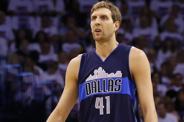 Dallas Mavericks forward Dirk Nowitzki (41) during the first half of Game 1 of a first-round NBA basketball playoff series, Saturday, April 16, 2016, in Oklahoma City. (AP Photo/Alonzo Adams)