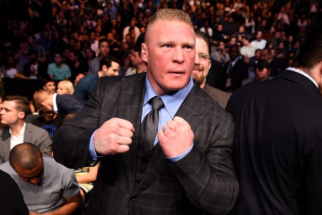 LOS ANGELES, CA - FEBRUARY 28:  Former UFC Heavyweight Champion Brock Lesnar in attendance during the UFC 184 event at Staples Center on February 28, 2015 in Los Angeles, California.  (Photo by Jeff Bottari/Zuffa LLC/Zuffa LLC via Getty Images)