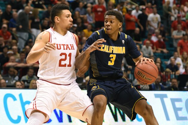 LAS VEGAS, NV - MARCH 11:  Tyrone Wallace #3 of the California Golden Bears drives against Jordan Loveridge #21 of the Utah Utes during a semifinal game of the Pac-12 Basketball Tournament at MGM Grand Garden Arena on March 11, 2016 in Las Vegas, Nevada. Utah won 82-78 in overtime.  (Photo by Ethan Miller/Getty Images)