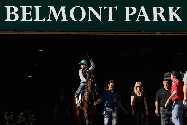 ELMONT, NY - JUNE 07:  Jockey Kent Desormeaux rides Exaggerator onto the track before a training session prior to the 148th running of the Belmont Stakes at Belmont Park on June 6, 2016 in Elmont, New York.  (Photo by Al Bello/Getty Images)