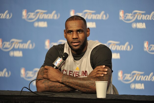 CLEVELAND, OH - JUNE 7: LeBron James #23 of the Cleveland Cavaliers addresses the media the day prior to Game Three of the NBA Finals during the 2016 NBA Playoffs on June 7, 2016 at The Quicken Loans Arena in Cleveland, Ohio. NOTE TO USER: User expressly acknowledges and agrees that, by downloading and/or using this Photograph, user is consenting to the terms and conditions of the Getty Images License Agreement. Mandatory Copyright Notice: Copyright 2016 NBAE (Photo by David Liam Kyle/NBAE via Getty Images) CLEVELAND, OH - JUNE 7: LeBron James #23 of the Cleveland Cavaliers addresses the media the day prior to Game Three of the NBA Finals during the 2016 NBA Playoffs on June 7, 2016 at The Quicken Loans Arena in Cleveland, Ohio. NOTE TO USER: User expressly acknowledges and agrees that, by downloading and/or using this Photograph, user is consenting to the terms and conditions of the Getty Images License Agreement. Mandatory Copyright Notice: Copyright 2016 NBAE (Photo by David Liam Kyle/NBAE via Getty Images)