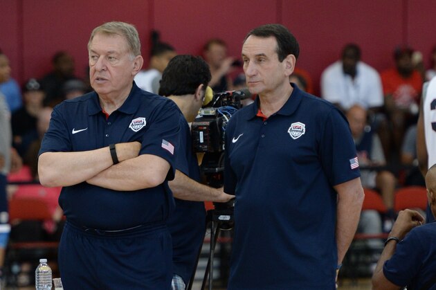 LAS VEGAS, NV - AUGUST 12: Jerry Colangelo and Mike Krzyzewski of USA Mens National Team participate in minicamp at UNLV on August 12, 2015 in Las Vegas, Nevada. NOTE TO USER: User expressly acknowledges and agrees that, by downloading and/or using this Photograph, user is consenting to the terms and conditions of the Getty Images License Agreement. Mandatory Copyright Notice: Copyright 2015 NBAE (Photo by Andrew D. Bernstein/NBAE via Getty Images)