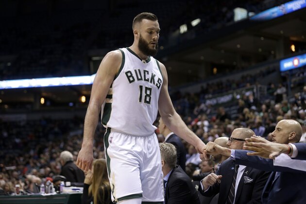 MILWAUKEE, WI - FEBRUARY 09: Miles Plumlee #18 of the Milwaukee Bucks walks to the bench during the game against the Boston Celtics at BMO Harris Bradley Center on February 09, 2016 in Milwaukee, Wisconsin. NOTE TO USER: User expressly acknowledges and agrees that, by downloading and or using this photograph, User is consenting to the terms and conditions of the Getty Images License Agreement. (Photo by Mike McGinnis/Getty Images)