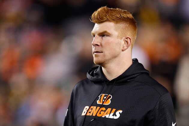 CINCINNATI, OH - JANUARY 09:  Andy Dalton #14 of the Cincinnati Bengals looks on prior to the AFC Wild Card Playoff game against the Pittsburgh Steelers at Paul Brown Stadium on January 9, 2016 in Cincinnati, Ohio.  (Photo by Joe Robbins/Getty Images)