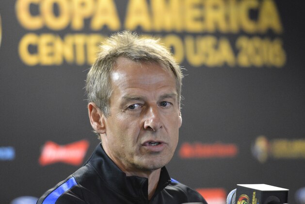 USA coach Jurgen Klinsmann speaks during a press conference at Sodier Field stadium on June 6, 2016 in, Chicago, Illinois ahead of the Copa America match against Costa Rica. / AFP / OMAR TORRES        (Photo credit should read OMAR TORRES/AFP/Getty Images)