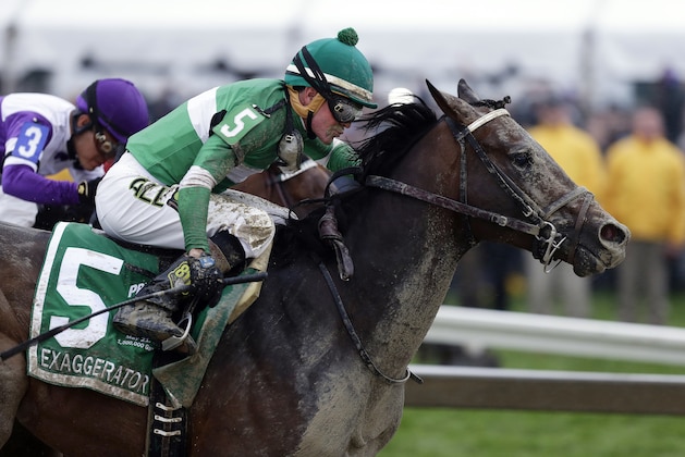 FILE - In this May 21, 2016, file photo, Exaggerator (5), with Kent Desormeaux, aboard moves past Nyquist, ridden by Mario Gutierrez, on the way to winning the 141st Preakness Stakes horse race at Pimlico Race Course in Baltimore. Next Saturday there'll be no Triple try. No Kentucky Derby winner, either. And no sellout crowd. Just Preakness winner Exaggerator taking on 3-year-olds he's already beaten and a few others in their first Triple Crown race.  (AP Photo/Garry Jones, File)