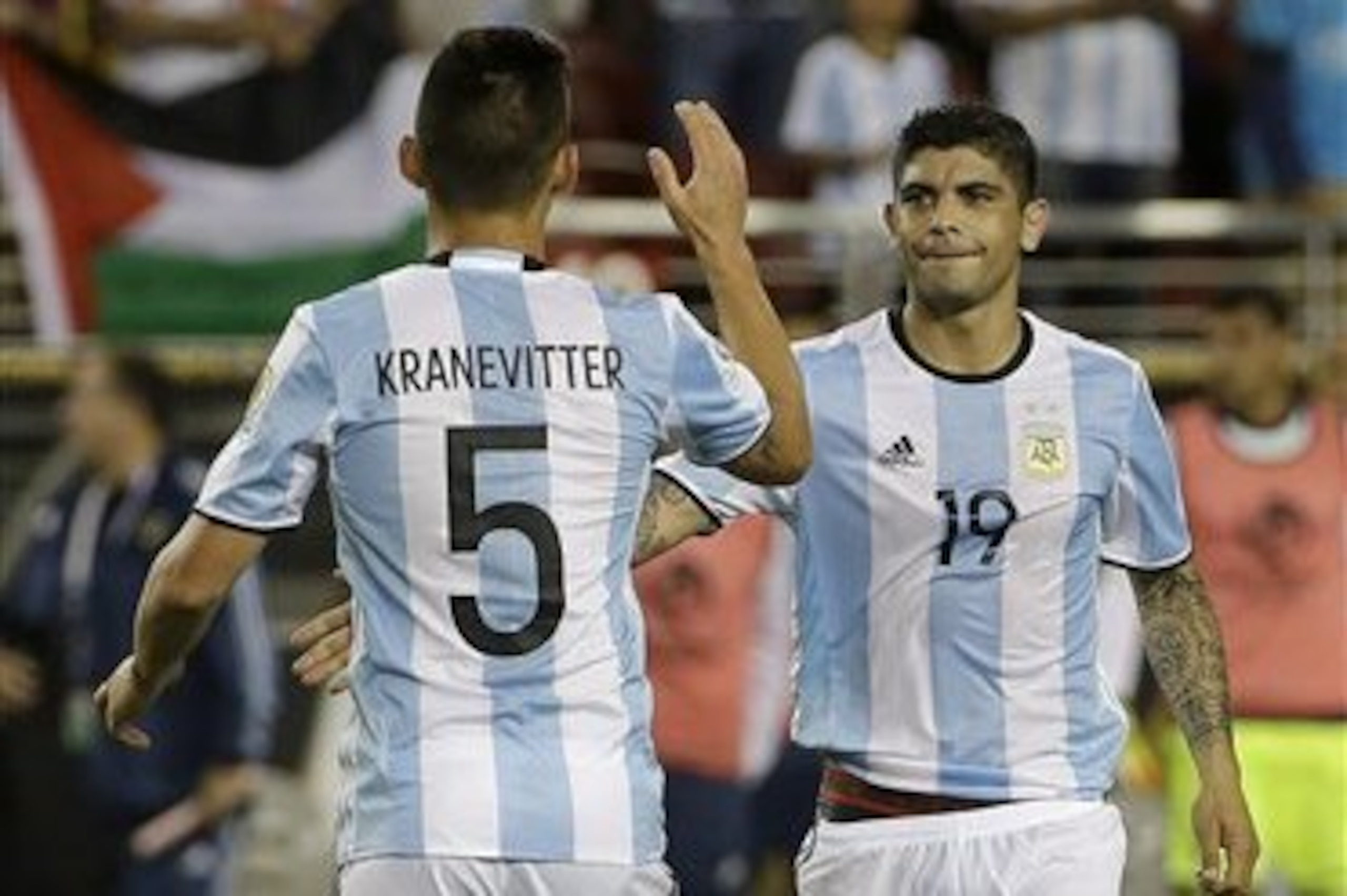 Argentina's Matias Kranevitter (5) and Ever Banega (19) celebrate after a Copa America Centenario Group A soccer match against Chile at Levi's Stadium in Santa Clara, Calif., Monday June 6, 2016. Argentina won 2-1. (AP Photo/Jeff Chiu) Argentina's Matias Kranevitter (5) and Ever Banega (19) celebrate after a Copa America Centenario Group A soccer match against Chile at Levi's Stadium in Santa Clara, Calif., Monday June 6, 2016. Argentina won 2-1. (AP Photo/Jeff Chiu)