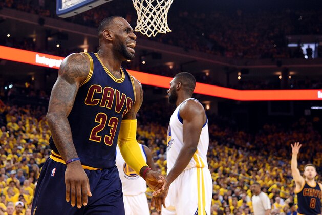 Jun 5, 2016; Oakland, CA, USA; Cleveland Cavaliers forward LeBron James (23) reacts to a call during the first quarter against the Golden State Warriors in game two of the NBA Finals at Oracle Arena. Mandatory Credit: Kyle Terada-USA TODAY Sports