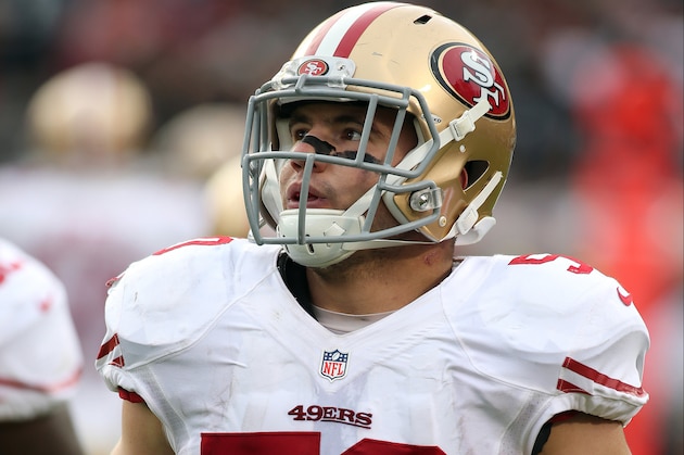 San Francisco 49ers inside linebacker Chris Borland (50) against the Oakland Raiders during an NFL game at O.com Coliseum in Oakland, Calif. on Sunday, Dec. 7, 2014. (AP Photo/Michael Zito)