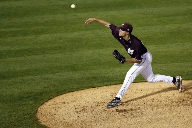 Mississippi State pitcher Dakota Hudson throws to an LSU batter during the first inning of a Southeastern Conference NCAA college baseball tournament game at the Hoover Met, Thursday, May 26, 2016, in Hoover, Ala. (AP Photo/Brynn Anderson)