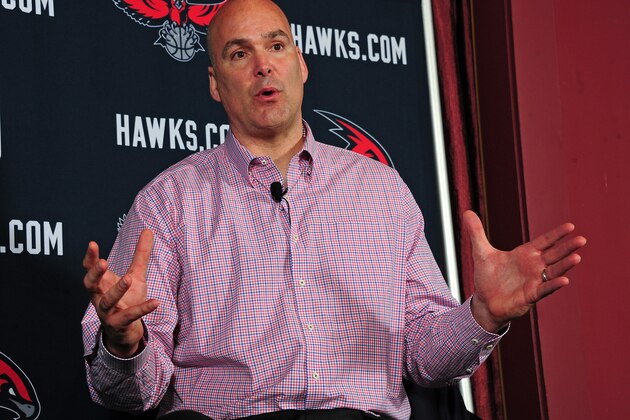 ATLANTA, GA - MAY 29: General Manager Danny Ferry speaks during the press conference introducing Mike Budenholzer as the new Head Coach of the Atlanta Hawks during a press conference on May 29, 2013 at Philips Arena in Atlanta, Georgia.  NOTE TO USER: User expressly acknowledges and agrees that, by downloading and/or using this Photograph, user is consenting to the terms and conditions of the Getty Images License Agreement. Mandatory Copyright Notice: Copyright 2013 NBAE (Photo by Scott Cunningham/NBAE via Getty Images)