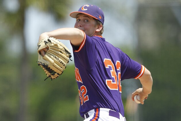 CORAL GABLES, FL - APRIL 21: Clate Schmidt #32 of the Clemson Tigers throws the ball against the Miami Hurricanes on April 21, 2013 at Alex Rodriguez Park at Mark Light Field in Coral Gables, Florida. Miami defeated Clemson 7-0. (Photo by Joel Auerbach/Getty Images)
