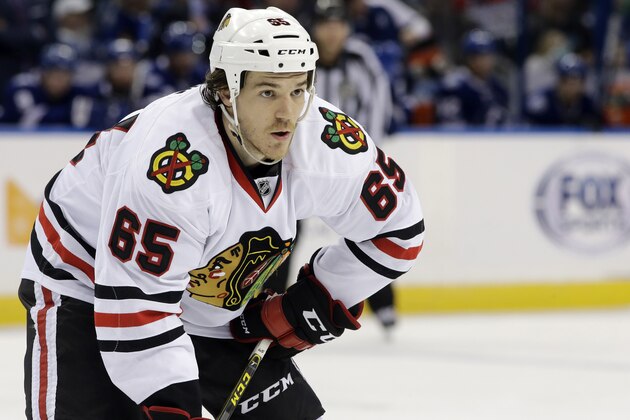 Chicago Blackhawks center Andrew Shaw (65) during the second period of an NHL hockey game against the Tampa Bay Lightning Thursday, Jan. 21, 2016, in Tampa, Fla. (AP Photo/Chris O'Meara)