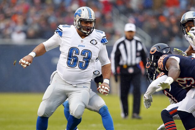 Detroit Lions guard Manny Ramirez (63) looks to block against the Chicago Bears during an NFL football game, Sunday, Jan. 3, 2016, in Chicago. The Lions won the game 24-20.   (Jeff Haynes/AP Images for Panini)
