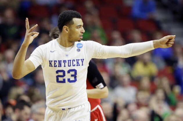 Kentucky guard Jamal Murray reacts after making a 3-point basket during the second half of a first-round men's college basketball game against Stony Brook in the NCAA Tournament, Thursday, March 17, 2016, in Des Moines, Iowa. Murray scored 19 points as Kentucky won 85-57. (AP Photo/Charlie Neibergall)
