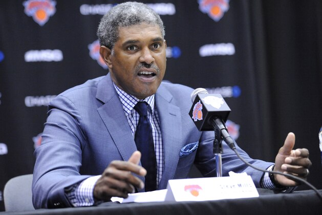 New York Knicks president and general manager Steve Mills talks to the media at the NBA teams media day Monday, Sept. 30, 2013, in Greenburgh, N.Y. (AP Photo/Bill Kostroun)