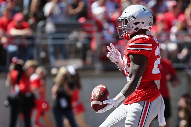 Apr 16, 2016; Columbus, OH, USA; Ohio State Scarlet Team running back Mike Weber (20) during the Ohio State Spring Game at Ohio Stadium. Mandatory Credit: Aaron Doster-USA TODAY Sports