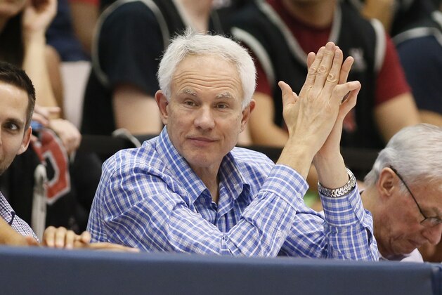 Los Angeles Lakers general manager Mitch Kupchak attends an NCAA college basketball game between Gonzaga and Loyola Marymount, Saturday, Jan. 17, 2015, in Los Angeles. Gonzaga won 72-55. (AP Photo/Danny Moloshok)