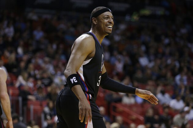Los Angeles Clippers forward Paul Pierce smiles during the second half of an NBA basketball game against the Miami Heat, Sunday, Feb. 7, 2016, in Miami. The Clippers defeated the Heat 100-93. (AP Photo/Lynne Sladky)