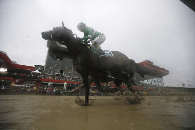 Exaggerator with Kent Desormeaux aboard wins the 141st Preakness Stakes horse race at Pimlico Race Course, Saturday, May 21, 2016, in Baltimore.(AP Photo/Matt Slocum)