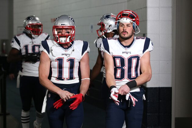 DENVER, CO - JANUARY 24: Julian Edelman #11 and Danny Amendola #80 of the New England Patriots take the field prior to the AFC Championship game against the Denver Broncos at Sports Authority Field at Mile High on January 24, 2016 in Denver, Colorado.  (Photo by Doug Pensinger/Getty Images)