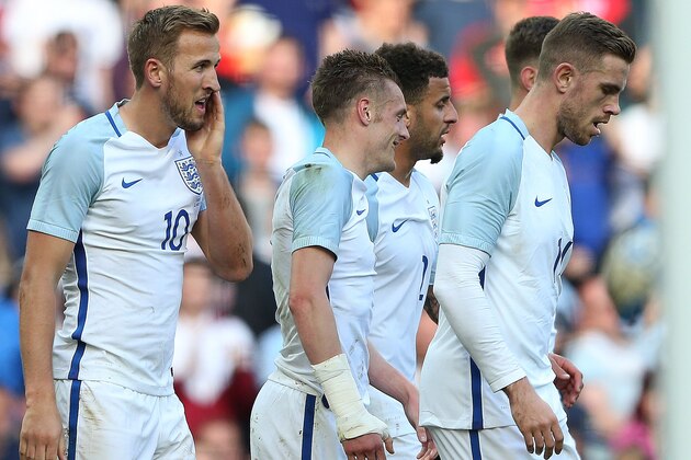 England's striker Jamie Vardy (C) celebrates scoring his team's second goal with England's striker Harry Kane (L) and England's midfielder Jordan Henderson (R) during the friendly football match between England and Turkey at the Etihad Stadium in Manchester, north west England, on May 22, 2016. / AFP / Scott Heppell / NOT FOR MARKETING OR ADVERTISING USE / RESTRICTED TO EDITORIAL USE         (Photo credit should read SCOTT HEPPELL/AFP/Getty Images)
