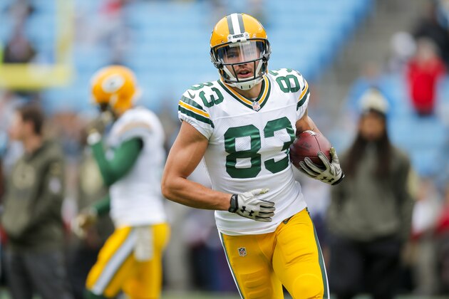 Green Bay Packers wide receiver Jeff Janis (83) runs with the ball as he warms up before playing the Carolina Panthers during an NFL game at Bank of America Stadium in Charlotte, N.C. on Sunday, Nov. 8, 2015. (Chris Keane/AP Images for Panini)
