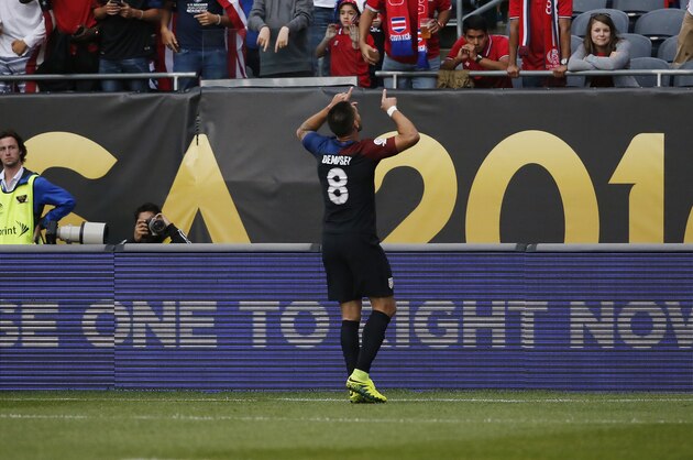 United States' Clint Dempsey (8) celebrates after a goal during a Copa America Centenario group A soccer match against Costa Rica at Soldier Field in Chicago, Tuesday, June 7, 2016. (AP Photo/Charles Rex Arbogast)