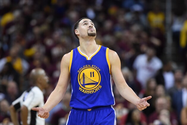 Jun 8, 2016; Cleveland, OH, USA; Golden State Warriors guard Klay Thompson (11) reacts on the court during the second quarter in game three of the NBA Finals against the Cleveland Cavaliers at Quicken Loans Arena. Mandatory Credit: Ken Blaze-USA TODAY Sports