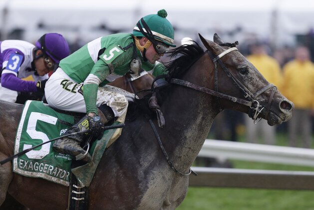 Exaggerator (5) with Kent Desormeaux aboard moves past Nyquist with Mario Gutierrez during the 141st Preakness Stakes horse race at Pimlico Race Course, Saturday, May 21, 2016, in Baltimore. Exaggerator won the race. (AP Photo/Garry Jones)