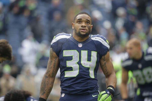 Seattle Seahawks running back Thomas Rawls before an NFL football game against the Pittsburgh Steelers, Sunday, Nov. 29, 2015, in Seattle. (AP Photo/Ted S. Warren)