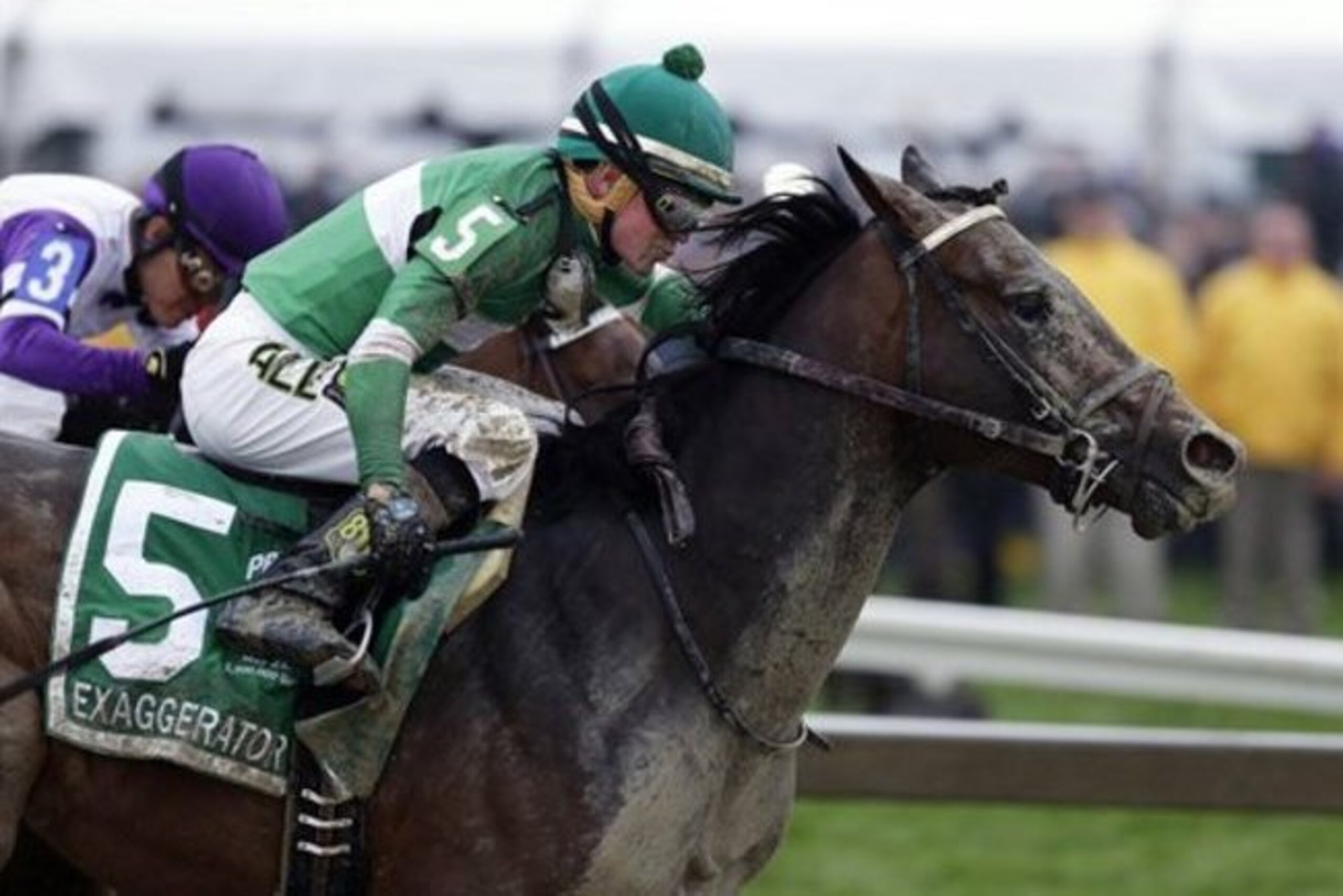 FILE - In this May 21, 2016, file photo, Exaggerator (5), with Kent Desormeaux up, moves past Nyquist, ridden by Mario Gutierrez, on the way to winning the 141st Preakness Stakes horse race at Pimlico Race Course in Baltimore.   Exaggerator has been made the 9-5 favorite in a field of 13 for Saturday's $1.5 million Belmont Stakes (AP Photo/Garry Jones, File)