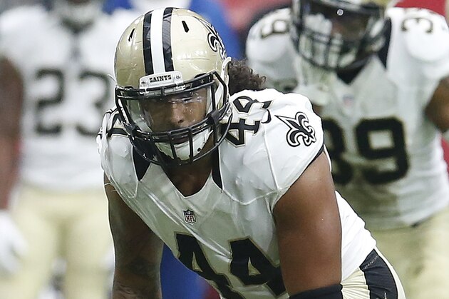 New Orleans Saints outside linebacker Hau'oli Kikaha (44) during an NFL football game against the Arizona Cardinals, Sunday, Sept. 13, 2015, in Glendale, Ariz. (AP Photo/Rick Scuteri)