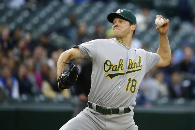Oakland Athletics Oakland Athletics starting pitcher Rich Hill throws in the first inning of a baseball game against the Seattle Mariners, Monday, May 23, 2016, in Seattle. (AP Photo/Ted S. Warren)