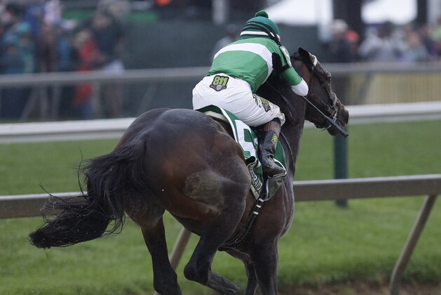 Montado por Kent Desormeaux, Exaggerator se enfila a la meta en Preakness, el sábado 21 de mayo de 2016 en Baltimore (AP Foto/Garry Jones)