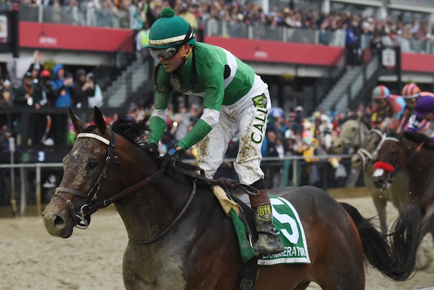 May 21, 2016; Baltimore, MD, USA; Kent Desormeaux aboard Exaggerator (5) wins during the 141st running of the Preakness Stakes at Pimlico Race Course. Mandatory Credit: Tommy Gilligan-USA TODAY Sports