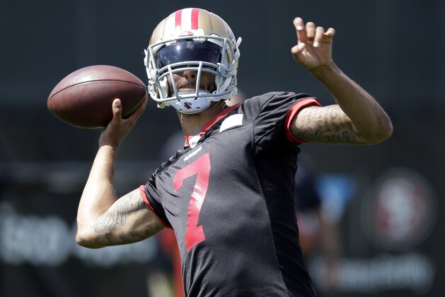 San Francisco 49ers quarterback Colin Kaepernick (7) throws during an NFL football practice Thursday, June 9, 2016, in Santa Clara, Calif. (AP Photo/Marcio Jose Sanchez)