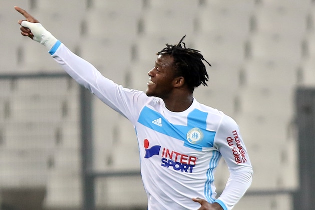 Marseille's Belgian forward Michy Batshuayi, reacts after scoring against Reims, during the League One soccer match between Marseille and Reims, at the Velodrome Stadium, in Marseille, southern France, Saturday, May 7, 2016. (AP Photo/Claude Paris)