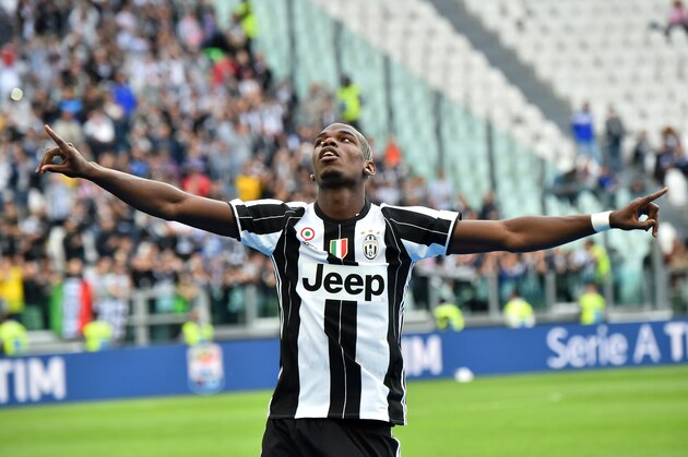 Juventus' midfielder Paul Pogba from France celebrates after the Italian Serie A football match Juventus vs Sampdoria on May 14, 2016 at the 'Juventus Stadium' in Turin. Juventus celebrate a record-equalling fifth consecutive Serie A title. / AFP / GIUSEPPE CACACE        (Photo credit should read GIUSEPPE CACACE/AFP/Getty Images)