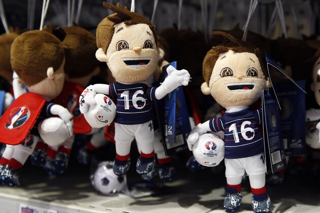 PARIS, FRANCE - JUNE 07:  Euro 2016 plush toy mascots Super Victor are displayed for sale at the Joue Club store on June 7, 2016 in Paris, France. The official Mascot of the tournament Super Victor is on sale during the 2016 UEFA European Championship which commences on June 10 in France.  (Photo by Chesnot/Getty Images)