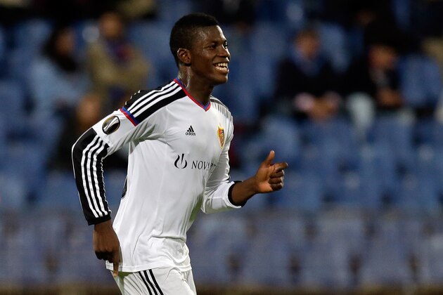 Basel’s Breel Embolo celebrates after scoring his side’s second goal during the Europa League group I soccer match between Belenenses and Basel at the Restelo stadium in Lisbon, Thursday, Nov. 5 2015. (AP Photo/Armando Franca)
