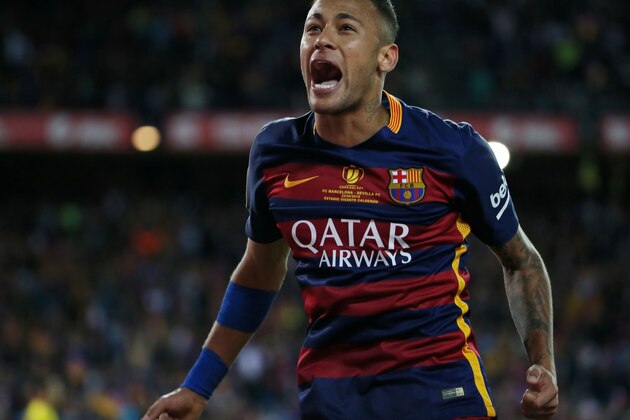 Barcelona's Brazilian forward Neymar celebrates at the end of the Spanish 'Copa del Rey' (King's Cup) final match FC Barcelona vs Sevilla FC at the Vicente Calderon stadium in Madrid on May 22, 2016. / AFP / CESAR MANSO        (Photo credit should read CESAR MANSO/AFP/Getty Images)