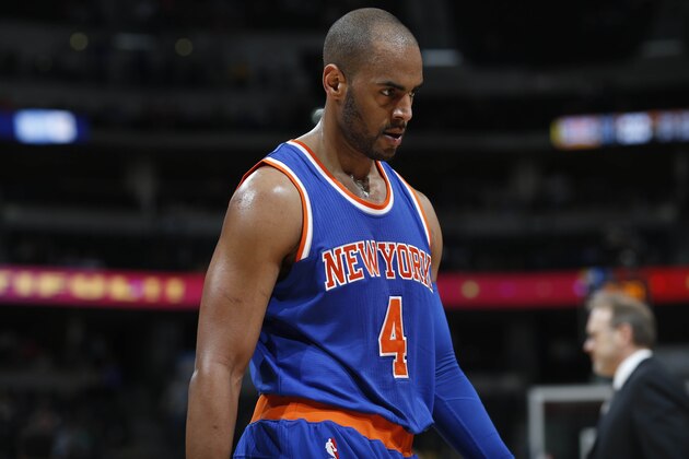 New York Knicks guard Arron Afflalo (4) in the second half of an NBA basketball game Tuesday, March 8, 2016, in Denver. The Nuggets won 110-94. (AP Photo/David Zalubowski)