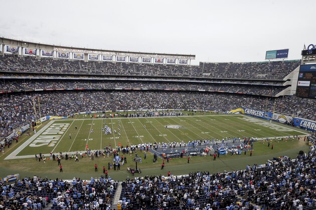 ARCHIVO - En esta foto de archivo del 25 de octubre de 2015, se aprecia una panorámica del Qualcomm Stadium de San Diego, durante un partido entre los Chargers y los Raiders de Oakland. El viernes 29 de enero de 2016, el presidente de los Chargers, Dean Spanos, dijo que el equipo seguirá jugando en San Diego durante toda la campaña de 2016 (AP Foto/Gregory Bull, File)