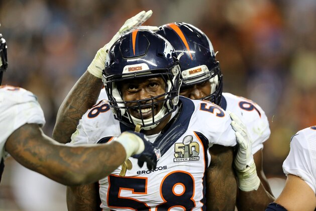 Denver Broncos’ Von Miller (58) celebrates a sack/strip of with teammates in the fourth quarter of the NFL Super Bowl 50 football game Sunday, Feb. 7, 2016, in Santa Clara, Calif.  (AP Photo/Gregory Payan)