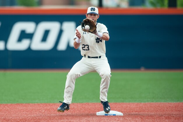 Notre Dame second baseman Cavan Biggio catches the ball at second before throwing to first to turn a double play on a hit by Wright State's Mark Fowler during the first inning of the Champaign Regional of the NCAA college baseball tournament in Champaign, Ill., Friday, May 29, 2015. (AP Photo/Bradley Leeb)