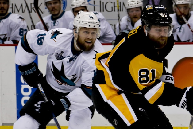 Pittsburgh Penguins' Phil Kessel (81) plays against San Jose Sharks' Nick Spaling (16) during the third period in Game 2 of the NHL hockey Stanley Cup Finals on Wednesday, June 1, 2016, in Pittsburgh. (AP Photo/Keith Srakocic)
