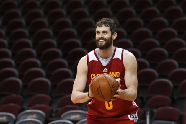 Cleveland Cavaliers forward Kevin Love smiles during practice for Game 4 of basketball's NBA Finals against the Golden State Warriors in Cleveland, Thursday, June 9, 2016. (AP Photo/Paul Sancya)wld
